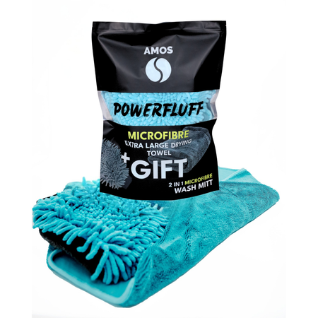 AMOS Powerfluff Serviette Microfibre Ultra-Absorbante, 1000 GSM, 60x80 cm, Bleu + Gant OFFERT