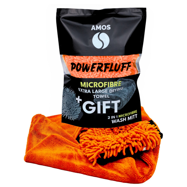 AMOS Powerfluff Serviette Microfibre Ultra-Absorbante, 1000 GSM, 60x80 cm, Orange + Gant OFFERT