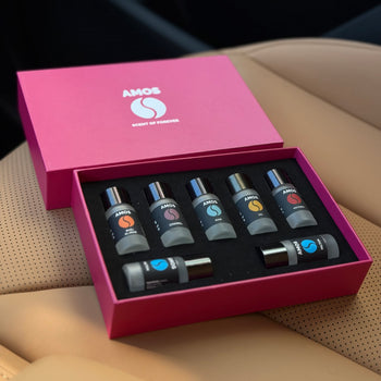 Coffret Amos mini Pink – diffuseur de parfum gris + set rose avec 7 recharges de parfum