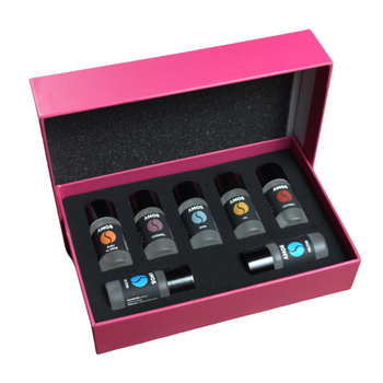 Coffret Amos mini Pink – diffuseur de parfum gris + set rose avec 7 recharges de parfum