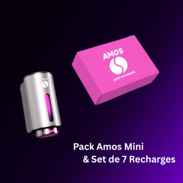Coffret Amos mini Pink – diffuseur de parfum gris + set rose avec 7 recharges de parfum