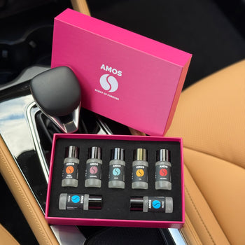 Coffret Amos mini Pink – diffuseur de parfum gris + set rose avec 7 recharges de parfum