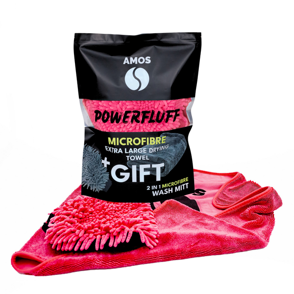 AMOS Powerfluff Serviette Microfibre Ultra-Absorbante, 1000 GSM, 60x80 cm, Rose + Gant OFFERT