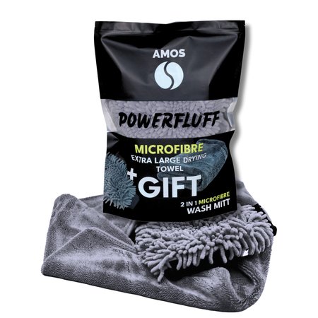 AMOS Powerfluff Serviette Microfibre Ultra-Absorbante, 1000 GSM, 60x80 cm, Gris + Gant OFFERT