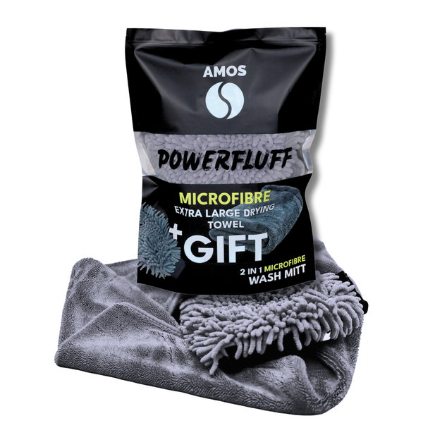 AMOS Powerfluff Serviette Microfibre Ultra-Absorbante, 1000 GSM, 60x80 cm, Gris + Gant OFFERT