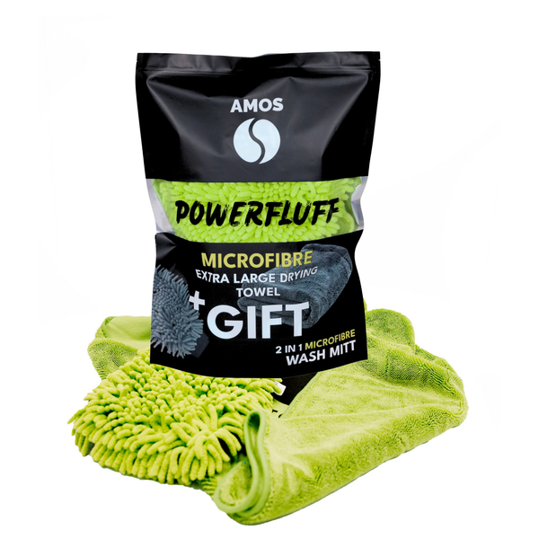 AMOS Powerfluff Serviette Microfibre Ultra-Absorbante, 1000 GSM, 60x80 cm, Vert + Gant OFFERT